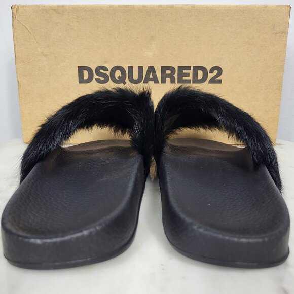 NWB~$825~DSQUARED2~8/8.5~ICON BLACK WHITE GENUINE RABBIT FUR SANDALS SLIDES - Picture 8 of 16